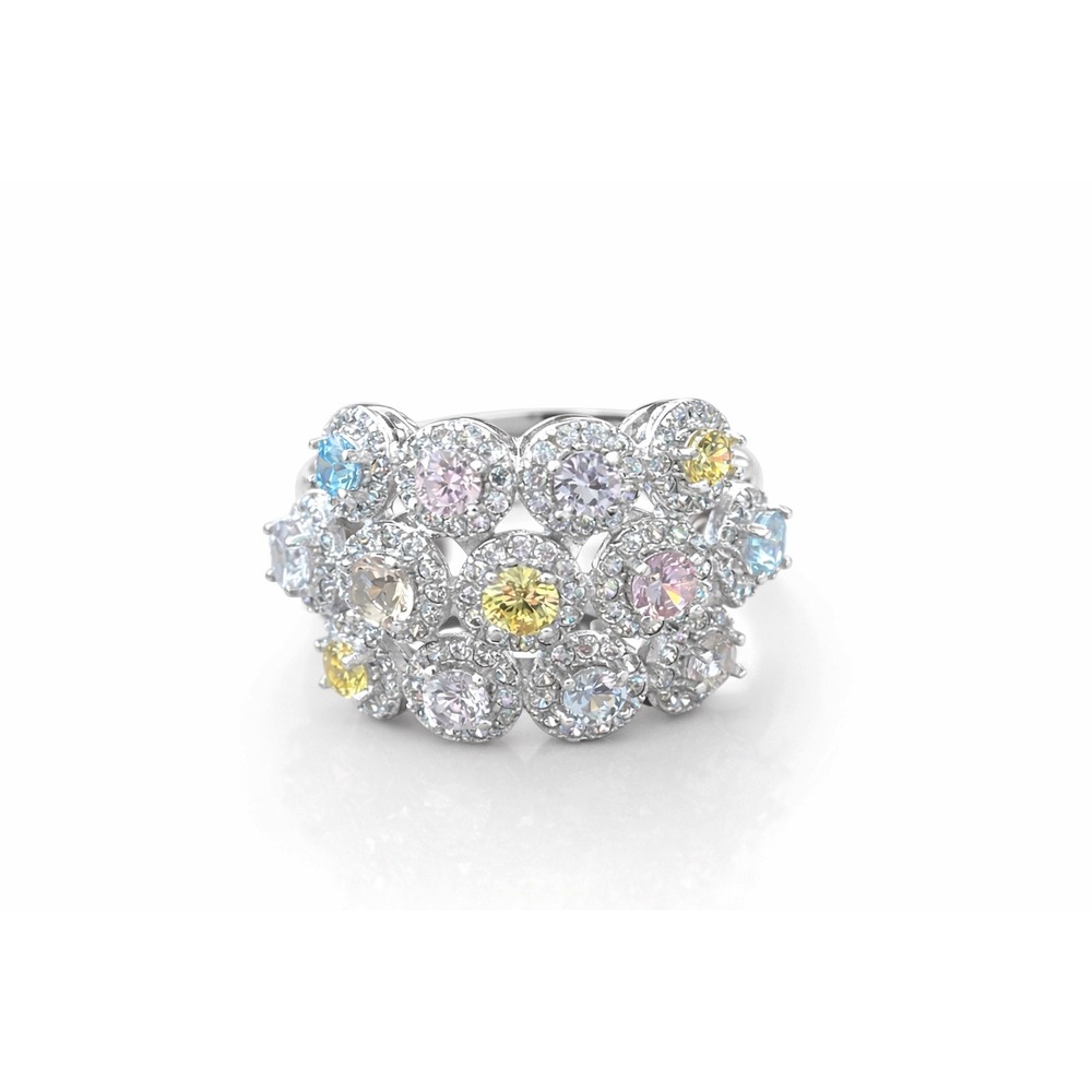 FZN 925 Sterling Pastel Multi Gemstone Cluster Halo Statement Ring Sz 8.5-9
